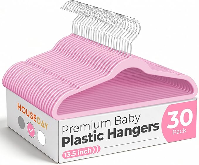 HOUSE DAY 13.5 Inch Kids Hangers 30 Pack - Premium ABS Plastic Clothes Hangers for Kids, Children, Preteens - Space Saving Thin Profile, Strong & Durable Hangers with 360° Swivel Hook - Pink