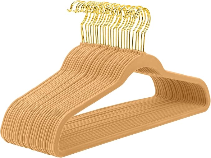 MIZGI Camel Velvet Hangers 60 Pack,Premium Gold Clothes Hangers Non-Slip Felt Hangers,Sturdy Camel Heavy Duty Coat,Durable Suit Hanger for Space Saving, No Flocked Hanger Marks