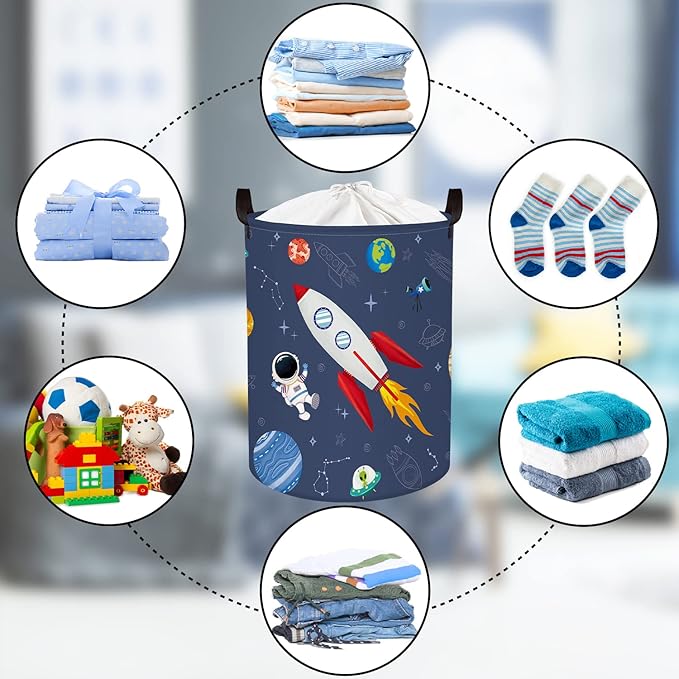 Clastyle 45L Rocket Astronaut Laundry Hamper for Bedroom Waterproof Collapsible Blue Universe Toys Storage Basket with Drawstring, 14.2 * 17.7 in