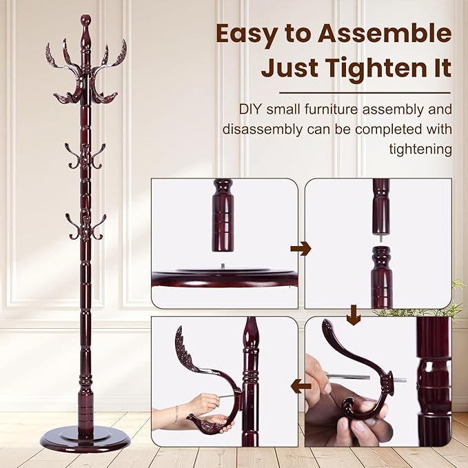 Freestanding Coat Rack with 14 Hooks, Sturdy Wooden Hall Tree for Entryway, Heavy-Duty Disc Base,for Hanging Hats, Jackets, Bags, Easy Assembly for Bedroom, Hallway, Office