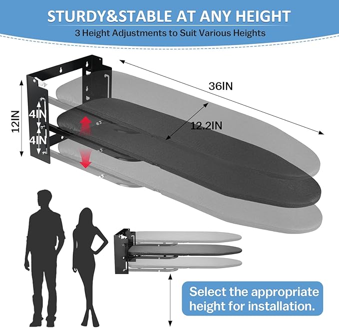 Wall Mounted Ironing Board Height Adjustment, 36 x 12 Inch Fold Down Ironing Board Wall Mount Space-Saving Iron Board with Removable Heat Resistant Cover for Laundry Room, Home, Small Spaces
