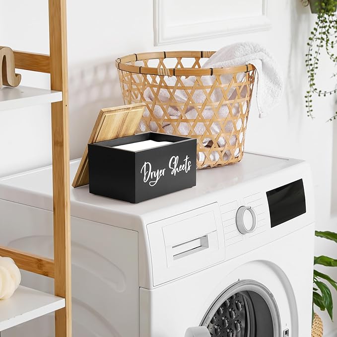 Bivvclaz Dryer Sheet Holder, Wooden Laundry Sheets Container, Laundry Room Organization and Storage for Farmhouse Laundry Room Decor and Accessories, Fabric Sheet Holder, Black