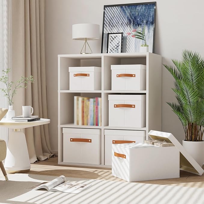 Storage Boxes with Lids, 10.2×7.8×6.7 Inch Storage Baskets, Closet Organizers for Shelves Organizing with Handles, White, 5-Pack