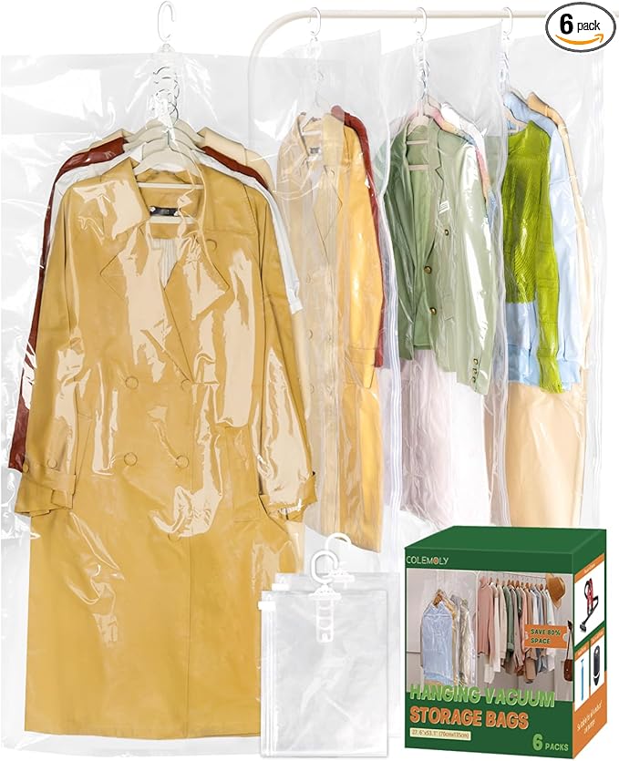 Colemoly Hanging Vacuum Storage Bags for Clothes 6 Pack 53.1x27.6 Inches Large Transparent Vacuum Seal Bags, Space Saving Storage Bags for Dresses/Coats/Suits, Waterproof/Dustproof/Wrinkle-Free