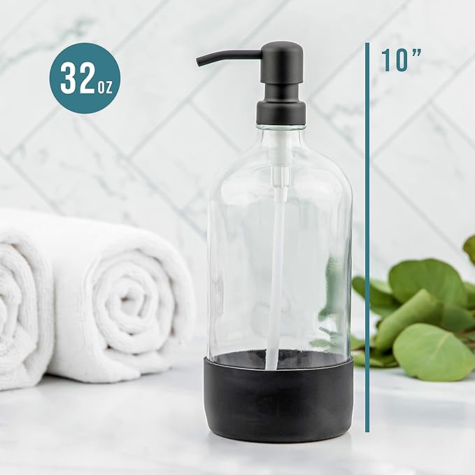 Kitchentoolz 32 oz Glass Pump Bottle with Stainless Steel Pump, Funnel, and Lids - Black