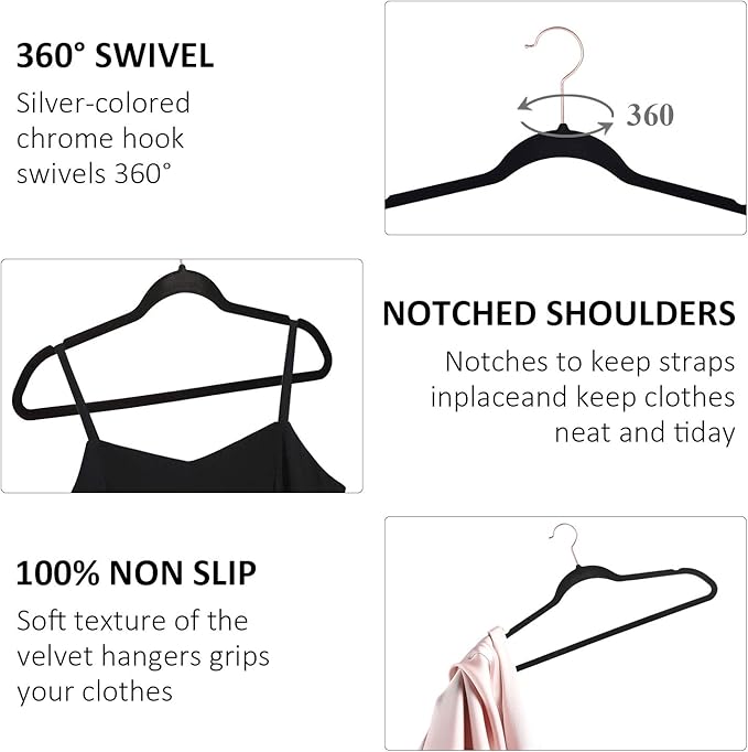 VECELO Premium Velvet Clothes Hangers Suit Heavy Duty (50 Pack)-Non Slip & Space-Saving with 6 Finger Clips & Tie Rack Excellent for Men and Women,Black