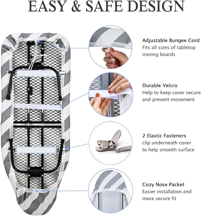 SheeChung 12.5 x 32 Inch Small Ironing Board Cover and Pad,Cotton Cover & Extra Thick Padding,Resists Scorching and Staining,Elastic Cord,Fits Small Mini Table top Ironing Board (Board not Included)