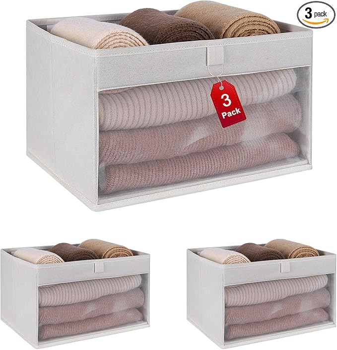 WUIKE Closet Storage Bins, Fabric Organizer Baskets with Clear Window and Handles, Foldable Storage for Shelves, Beige, Large, 3-Pack