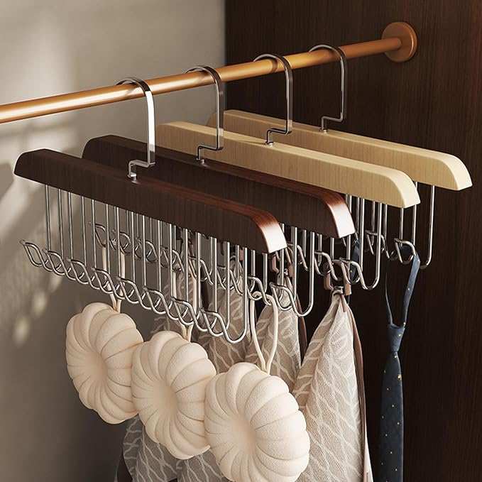 Belt Hanger 4Pcs Belt Hanger with 32 Hooks Bra Hangers for Closet,Space-Saving Wooden Closet Hanger Organizer for Ties, Scarves, Bras,Tank, Tops (2Wood Color 2Brown)