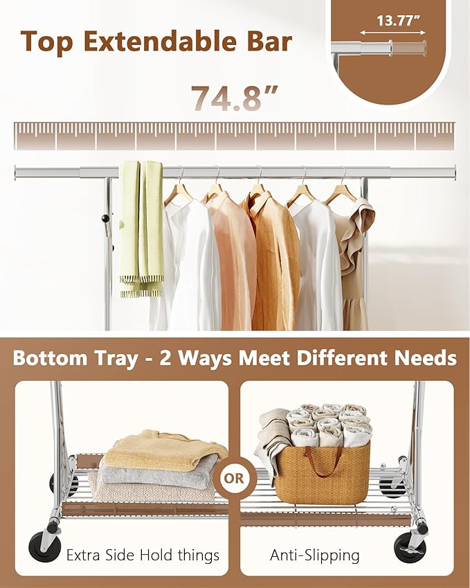 Hoctieon 1-Minute Assembly Clothes Rack, 480 lbs Heavy Duty Rolling Clothing Racks with Wheels, Foldable Garment Rack, Extendable Hanging Bar, Adjustable Metal Pole with Hooks, Chrome