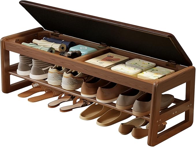 AQIMUELE Shoe Rack Bench,2 Tiers Shoe Bench with Storage with Flip-Top,Wood Shoe Rack for Entryway,Hallway（Dark Walnut Upholstered Seat）