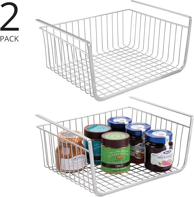 mDesign Metal Under Shelf Basket for Kitchen Storage - Wire Farmhouse Sliding Bin Basket for Pantry - Large Open Front Organizer for Food, Drinks, Snacks - Hyde Collection, 2 Pack - Chrome