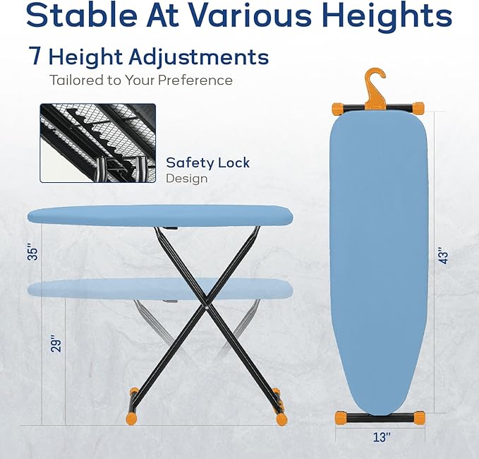 Compact Ironing Board Full Size 43x13 with Extra Thick Padded Cover, Height Adjustable Iron Board with Hanger, Easy to Fold Space Saver Design for Dorm Apartment Small Laundry Rooms, Blue