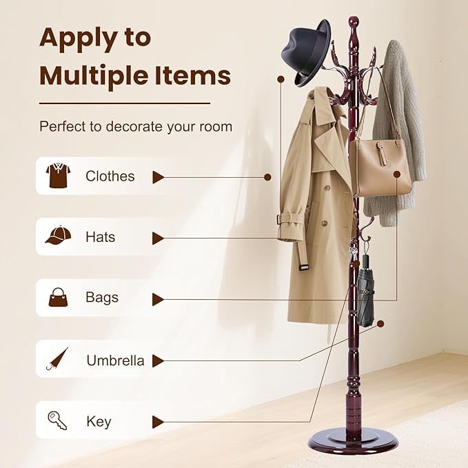 Freestanding Coat Rack with 14 Hooks, Sturdy Wooden Hall Tree for Entryway, Heavy-Duty Disc Base,for Hanging Hats, Jackets, Bags, Easy Assembly for Bedroom, Hallway, Office