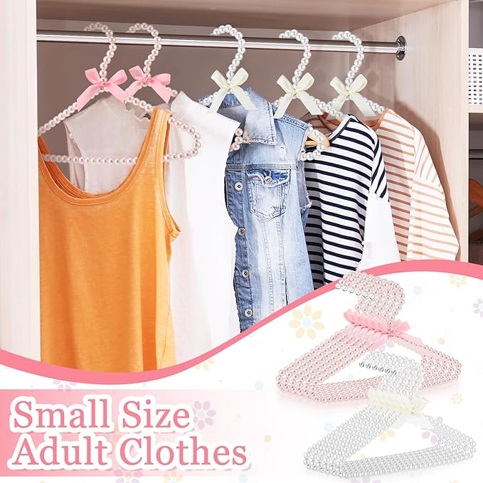 Threan White Pink 12 Pcs Pearl Beaded Clothes Hanger Mini Pearl Beads Small Metal Clothes Hangers with Ribbon Standard for Kids Baby Children Pet Dog