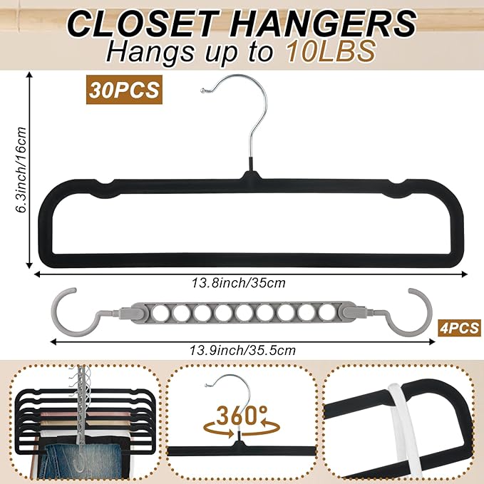 Velvet Pants Hangers Non Slip, 30 Pack Velvet Hangers for Closet with Porous Hooks, Strong Durable Space Saving Slim Clothes Hanger, Ultra Thin Flocked Hanger for Pants/Shirts/Bra/Shorts (Black)