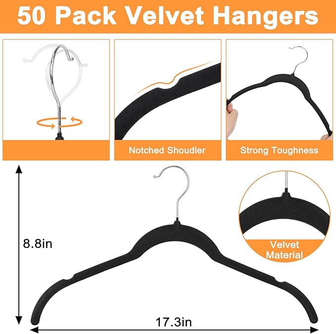 Black Velvet Hangers 10 Pack, Non-Slip Felt Hangers with Shoulder Notches, Slim Space Saving Clothes Hangers with 360°Swivel Hook for Shirts Heavy Coats Clothes Dresses Closet (Black)