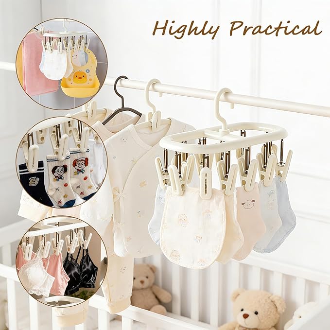 Clothes Drying Hanger with 12 Clips 2 Pack Folding Portable Hanging Drying Rack,Drip Foldable Hanging Rack 360° Rotatable Hook Clips