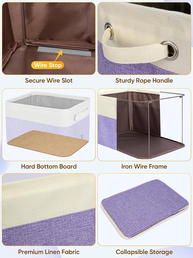 BALEINE 1 Pack Fabric Storage Bins for Shelves, Linen Storage Baskets for Organizing, Decorative Closet Bins for Clothes, Home (Lavender, 14''x10''x8.5'')