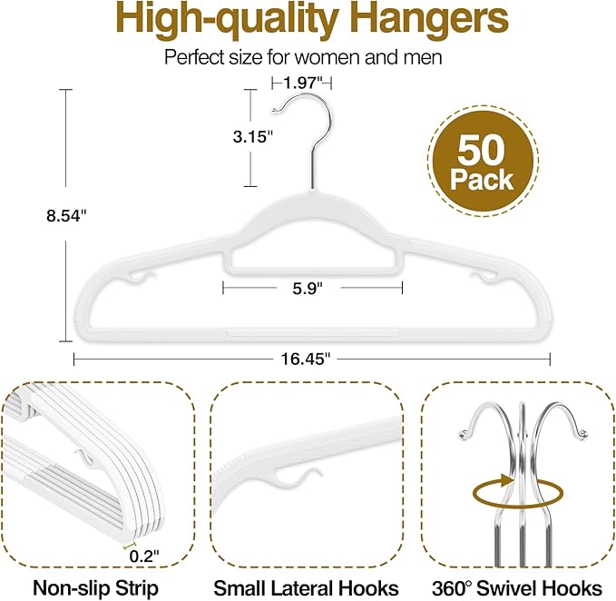 Plastic Hangers 50 Pack, 16.5 in Heavy Duty Clothes Hangers with 360° Swivel Hook, Non-Slip Bar & 0.2" Ultra-Slim Space-Saving Closet Organizers for Coats, Pants, Suits, Shirts, White