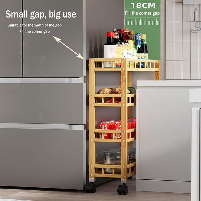 3/4Tier Slim Storage Rolling Cart with Wheel,Wood Storage Trolley Cart,Kitchen Rolling Utility Bamboo Kitchen Slide Out Organizer Rack,Mobile Shelving for Kitchen Bathroom gap(3Tier 50cmwide)