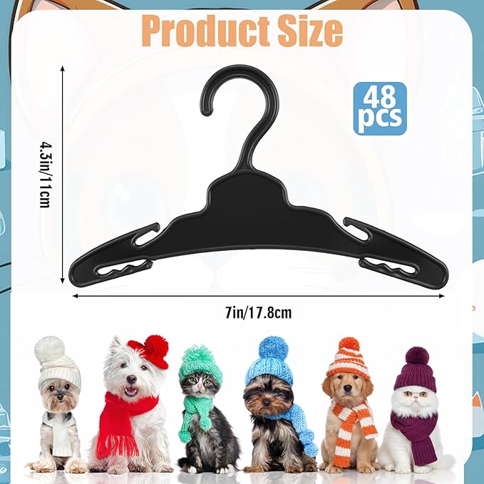 48 Pcs Dog Clothes Hangers 7 Inch Wide Non-Slip Plastic Pet Clothes Hangers Pet Clothing Holder Coat Hanger for Small Dog Cat Puppy Chihuahuas(Black)