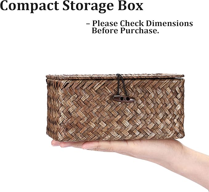 Handwoven Seagrass Basket Wicker Shelf Basket with Lid Rectangular Multipurpose Desktop Organizer Bin for Key Remote Control, Small,7.0" x 4.3" x 3.3"
