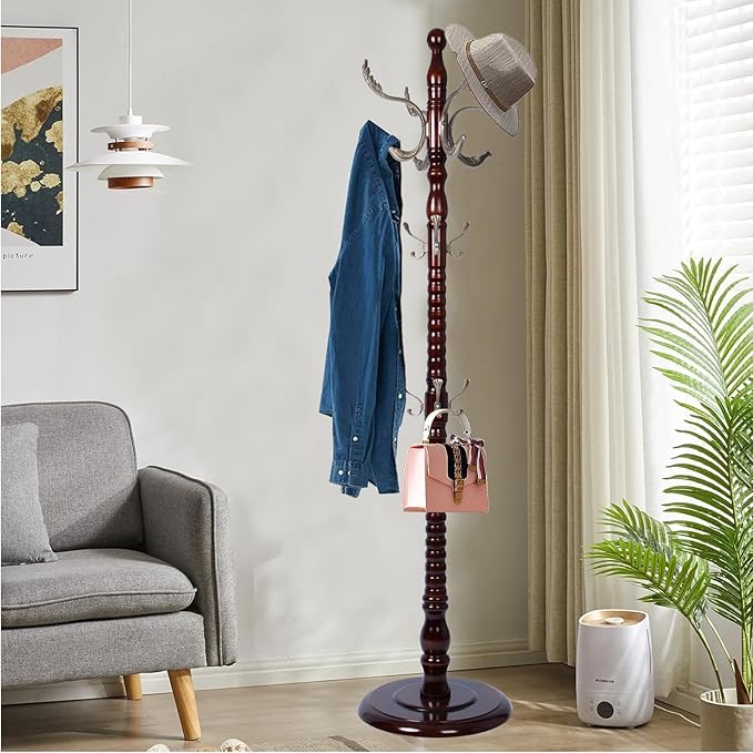 Solid Wood Coat Rack, Free Standing Hall Coat Tree with 14 Hooks, 3 Height Options, 300lbs Load, Stury Base, Clothes Rack for Entryway, Hallway, Bedroom (Disc Base - Metal Phoenix Hook)