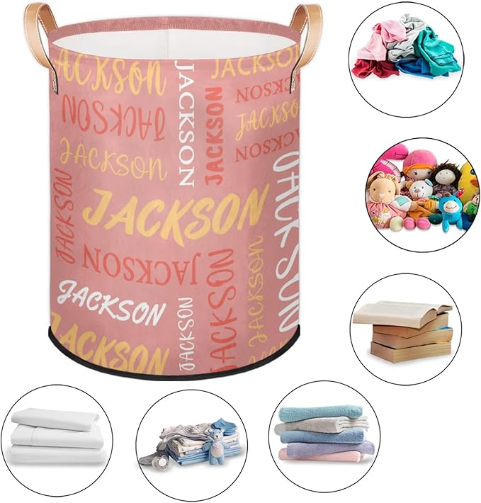 Custom Name Large Laundry-Basket for Kids-Boys-Girls, Personalized Foldable Waterproof Laundry Hamper Dirty Clothes Toys Storage Bin with Handles,Pink