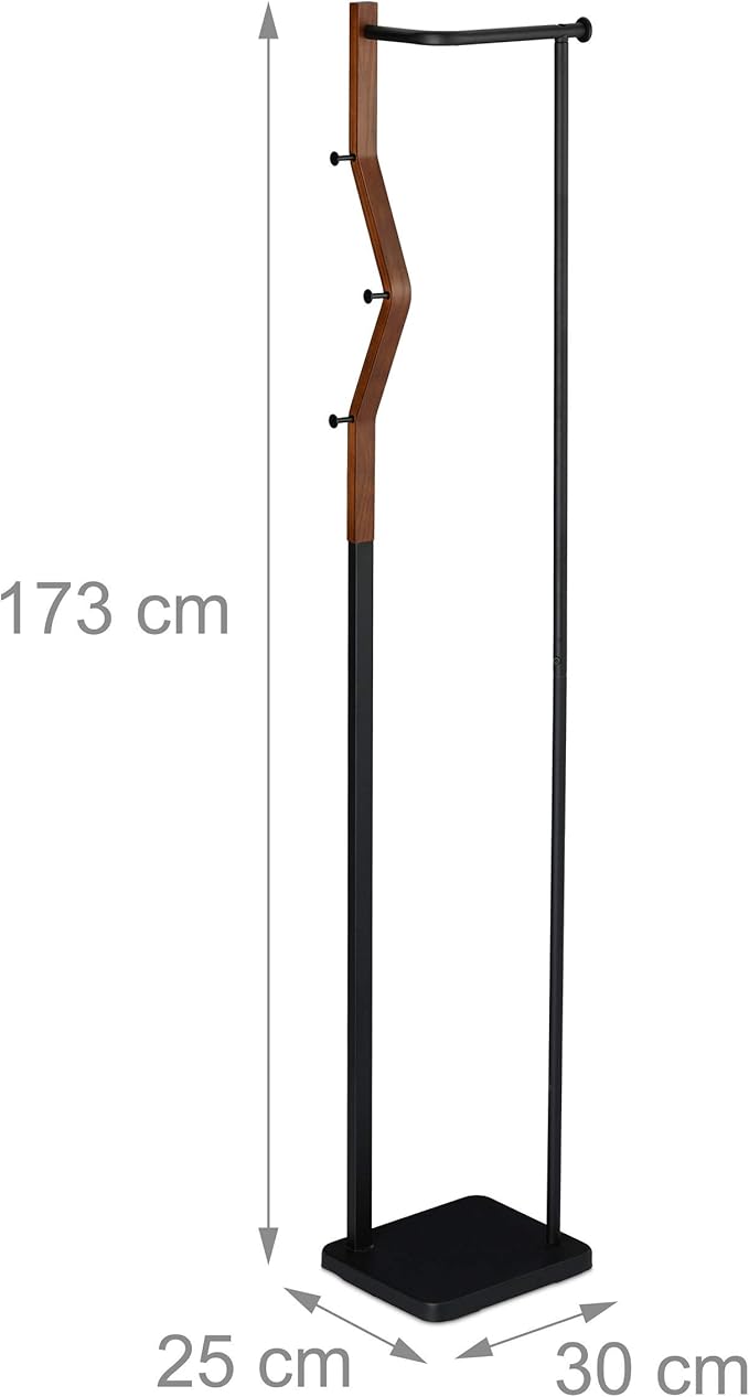 Relaxdays Coat Stand Metal and Wood Modern 3 Hooks & Clothes Rail, Height x Width x Depth: 173 x 30 x 25 cm, Black/Brown, 70% Steel 30%, 1 Item