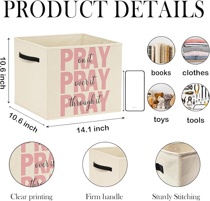 Pink Christian Storage Bin Box with Handles, Pray on It Pray over It Bible Verse Religious Foldable Baskets Organizer for Bedroom Bathroom Home Clothes Toys Books, Toybox for Girls