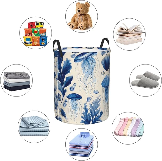 Blue Jellyfish Pattern Laundry Hamper, Collapsible Storage Basket with Handles for Clothes, Bedroom, Bathroom 19.6 x15.7 Inch