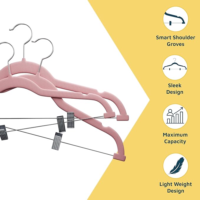 Lifemaster Velvet Pants Hangers – with Adjustable Clips, 360 Degree Swivel Hook, and Non-Slip Shoulder Notch, Holds Up to 10 lbs, for Organizing Skirt, Pants, Dress, and Clothes, Pack of 10, Pink