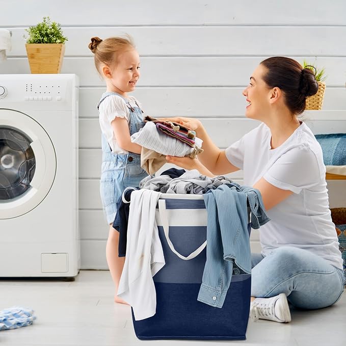 Foaincore 6 Pieces 75 L Laundry Hamper Basket Organizer Large Laundry Bag Bulk Waterproof Collapsible Clothe Storage with Handles for Dorm Room Bedroom Towels (Dark Blue,Black Gray)