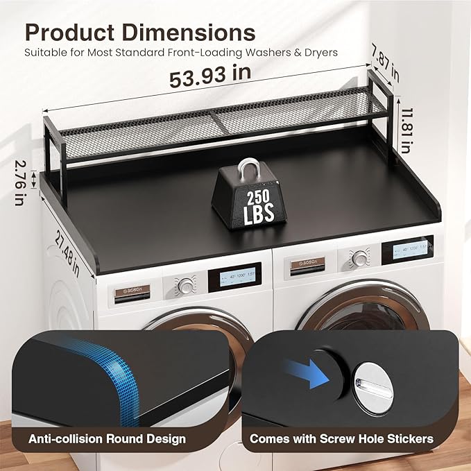Washer Dryer Countertop with Shelf, 54" x 27.5" Wooden Washer and Dryer Topper, Laundry Countertop with Anti-Slip Pads, Washer Dryer Topper for Laundry Room Organization and Storage (Black)