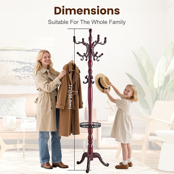 Freestanding Coat Rack with 11 Hooks, Sturdy Wooden Hall Tree for Entryway, Heavy-Duty Tri-Legged Base for Hats, Jackets, Bags, Easy Assembly for Bedroom, Hallway, Office