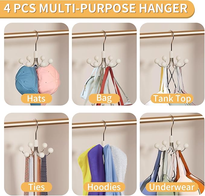4 Pack Hoodie Hanger for Organizer 360° Swivel Closet Hooks for Belt, Space-Saving Hanger Bra Storage, Accessorise Organizer for Tie, Hat, Tanktop, Scarf, Purse