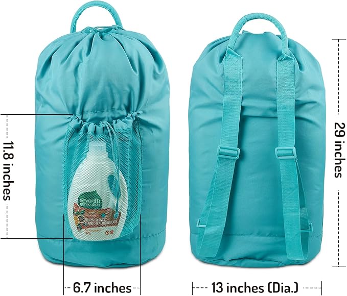 Seiritex Backpack Laundry Bag with Straps and Detergent Holder, Clothes Laundry Backpack for College Travel Apartment Dorm Room (Green)