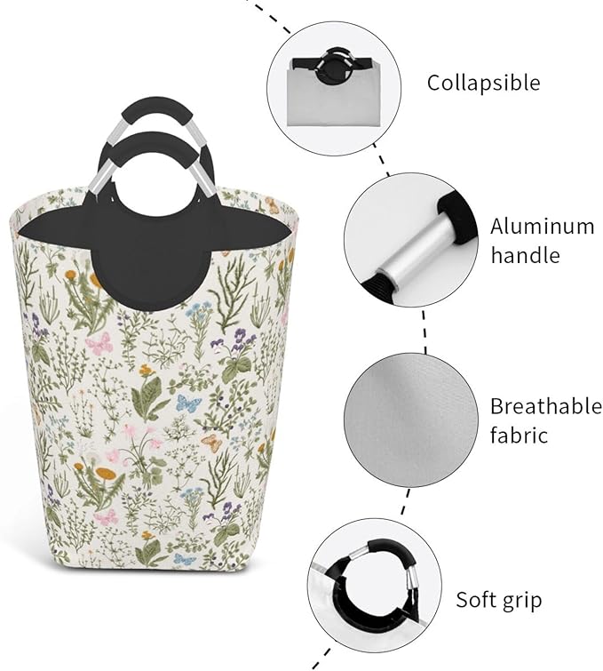 Floral Laundry Basket Vintage Botanical Laundry Hamper Plants Herbs Collapsible Baskets with Handle Dirty Clothes Hamper Bag for Dorm Family Bathroom Decor Storage 50L