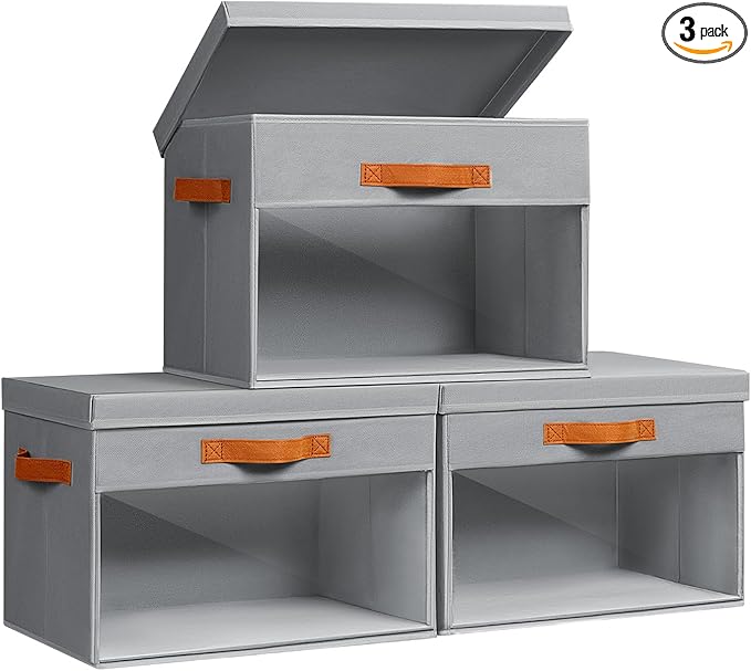 Large Storage Bins with Lids - 3 Pack Foldable Decorative Organizers with Clear Windows & Handles, Cube Storage Organizers for Clothes, Blankets, Sweaters, Sheets, Grey