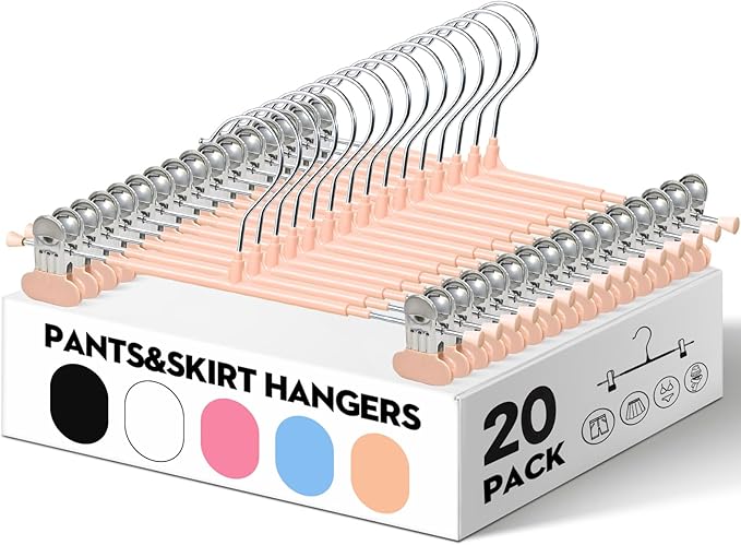HUADYMEET 20 Pack 14Inch Pants Hangers with Wide Clips,Metal Trouser Hanger for Jeans.Space Saving Skirt Hangers Heavy Duty Non-Slip Adjustable Clothes Shorts Hanger for Women,Men,Coral Pink
