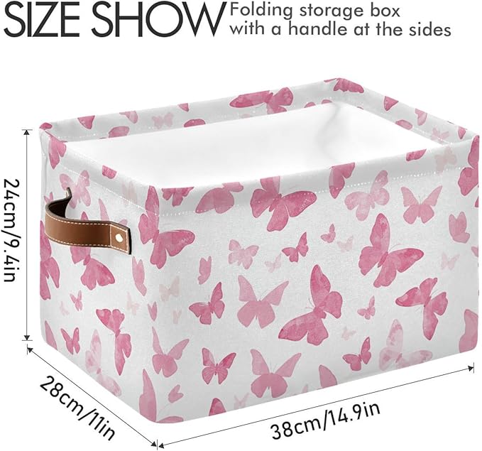 Watercolor Pink Butterfly Storage Basket Bin, Large Cube Storage Box Canvas Collapsible Storage Organizer for Home Office Closet, 2 Pack - 15 L x 11 W x 9.5 H