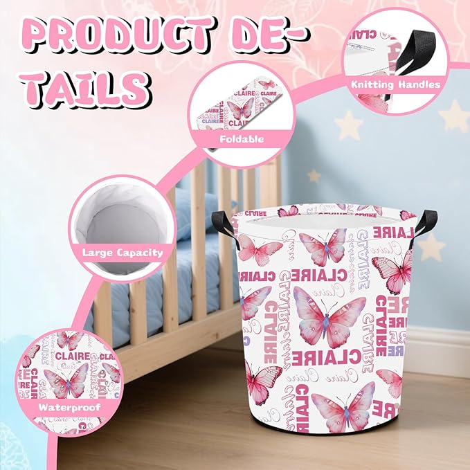 Personalized Laundry Hamper Custom Kids Dirty Clothes Hamper with Name Storage Basket for Bathroom Bedrooms Nursery for Baby Girls Boys Adults (Style-Butterfly)