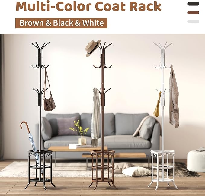 FILWH Coat Rack Freestanding with Umbrella Stand Coat Rack Stand with 12 Hooks Metal Coat Tree Coat and Hat Hanger Jacket Entryway(Brown)