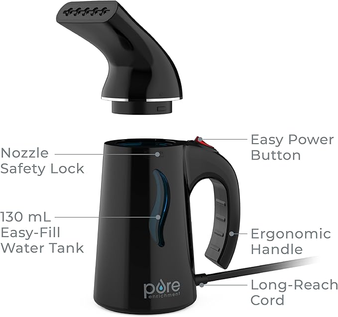 Pure Enrichment PureSteam Portable Fabric Steamer - Handheld Travel Garment Steamer Removes Wrinkles & is Safe on All Fabrics - Fast-Heating, Lightweight, Auto Safety Shut-Off, & Long Cord (Black)
