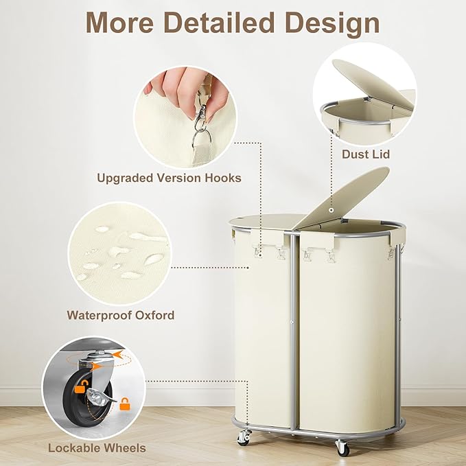 Chrislley 200L Double Laundry Hamper with Wheels and Lid, Large Oval Rolling Laundry Basket 2 section, Laundry Cart with Removable Bags and Iron Frame, Dirty Clothes Hamper for Home, Dorm, Beige