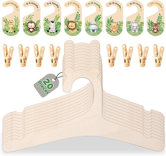20 Pack Baby Clothes Hangers with 8Pcs Baby Closet Dividers and 8Pcs Clips, Non-Slip Toddler Clothing Hanger with Dividers for Sorting, Nursery Closet Organizer for Newborn Kids Boys Girls (Animals)