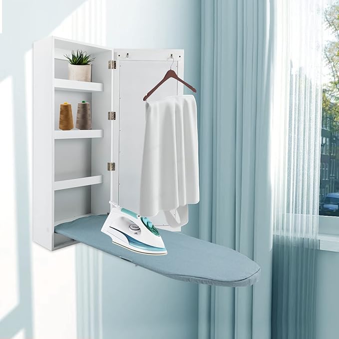 Wall Mounted Ironing Board Cabinet with Mirror, Built in Garment Ironing Surface Ironing Board with Foldable Storage Cabinet for Home Apartment Small Spaces (Style2)