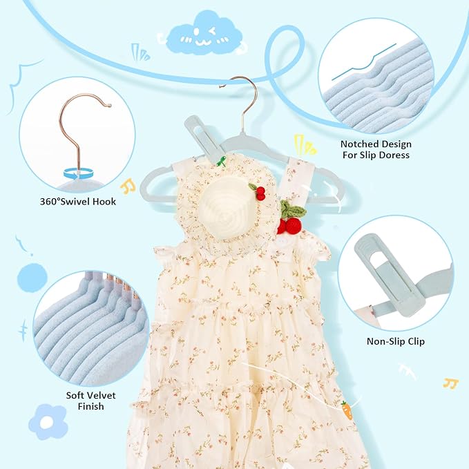 30-Pack 11 Inch Baby Closet Hangers with 10 Clips - Soft Velvet Non-Slip Hangers for Infant & Toddler Clothes - Blue