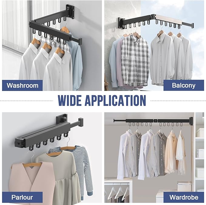 MIFXIN Clothes Drying Rack Foldable Wall Mounted Retractable Laundry Drying Rack Two-Fold Collapsible Clothes Hanger Folding Clothing Rack for Laundry Balcony (Black)
